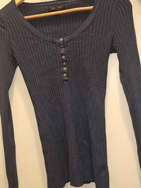 Vintage Express Deep Teal Ribbed Henley Top M 90s Y2K Whimsy Goth Scoop Neck Kni